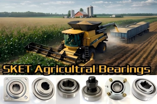A promotional image featuring SKET agricultural bearings with a combine harvester in a cornfield, highlighting the durability and functionality of the bearings in farming machinery. The image showcases five distinct SKET bearings in the foreground with a realistic rural background of a cornfield and a harvester unloading its load into a trailer