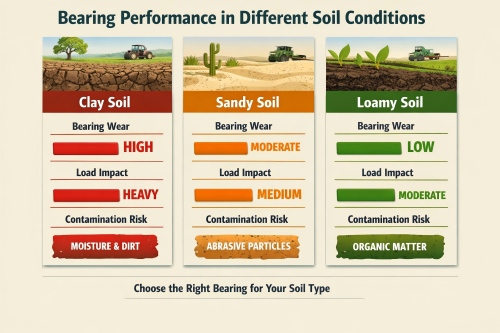 Impact of different soil conditions (clay, sandy, loamy) on bearing wear and performance, helping to choose the right bearing design for agricultural machinery.