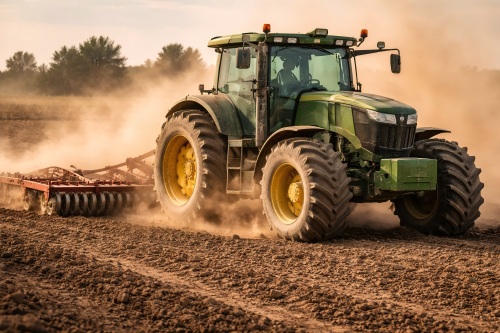 Agricultural machinery operating in a dusty field, highlighting the importance of durable bearings for performance in harsh environments