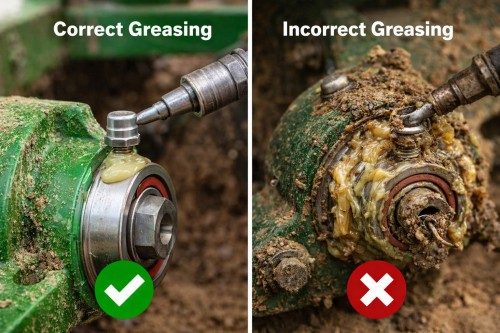 correct vs incorrect greasing methods for agricultural bearings showing over greasing and contamination issues
