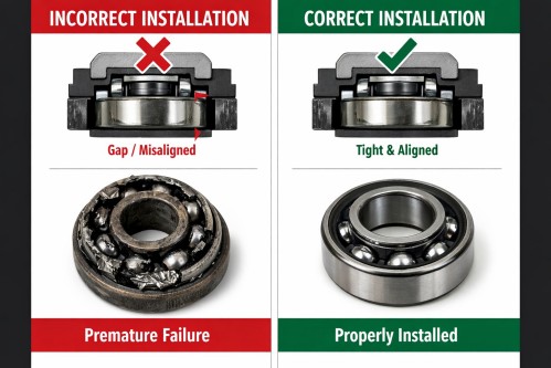 Visual comparison of incorrect vs correct bearing installation and resulting damage Visual comparison of incorrect vs correct bearing installation and resulting damage