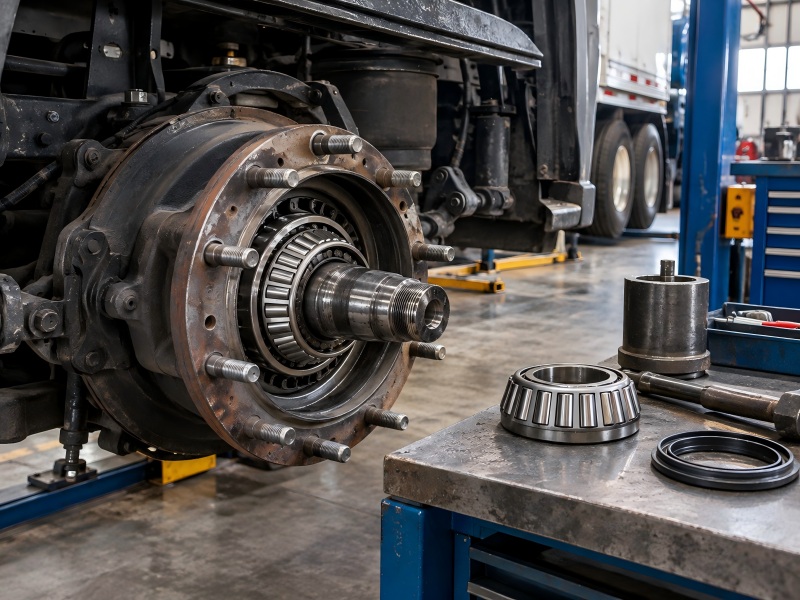 truck wheel bearing installation at a heavy-duty wheel end